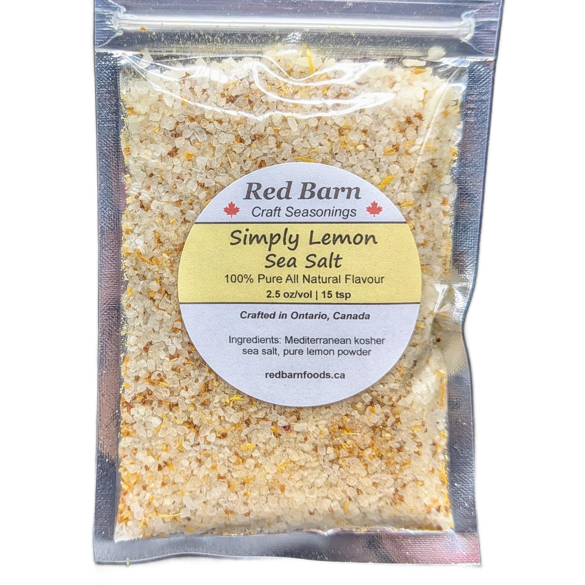 Packaged Simply Lemon Sea Salt from Red Barn Craft Seasonings on a white background