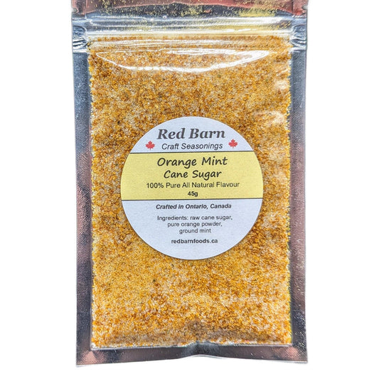 Packaged orange mint cane sugar from Red Barn Craft Seasonings on a white background